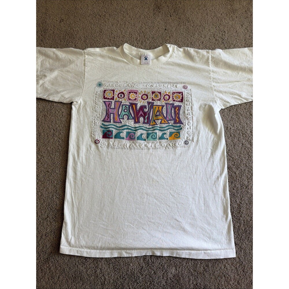 VTG Delta Single Stitch Hawaii Puff Paint Shirt Large White Graphic Print